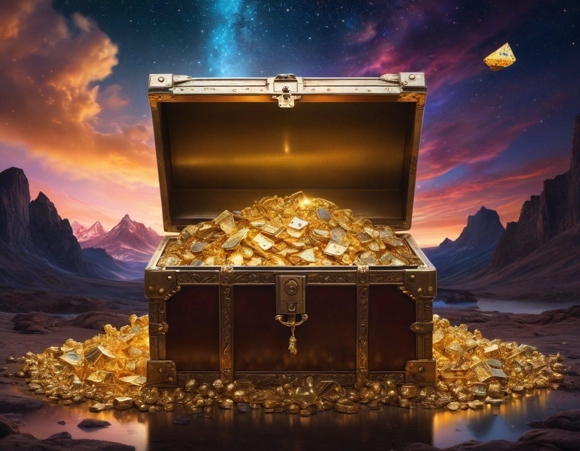 A vibrant digital landscape depicting a treasure chest overflowing with golden nuggets, representing rich online experiences. Surround the chest with subtle hints of explicit content, like playing cards and abstract symbols, blending in a dreamy atmosphere. Add an ethereal glow to highlight the allure of exploration, with a diverse group of individuals engaging in curious exploration around the treasure. surreal art. vibrant colors. night sky background.