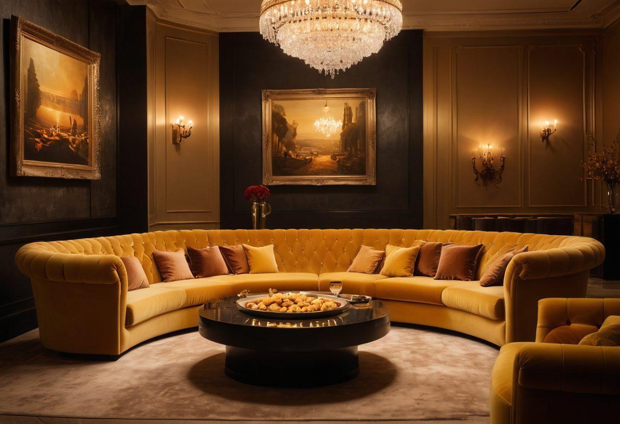 A luxurious, dimly-lit lounge featuring elegant velvet couches and soft ambient lighting. In the foreground, a tantalizing platter of golden, crispy nuggets is elegantly displayed, with seductive silhouettes of people enjoying themselves in the background. The atmosphere exudes sophistication and allure, inviting viewers to explore the world of adult entertainment. Warm, inviting colors. super-realistic. soft focus.
