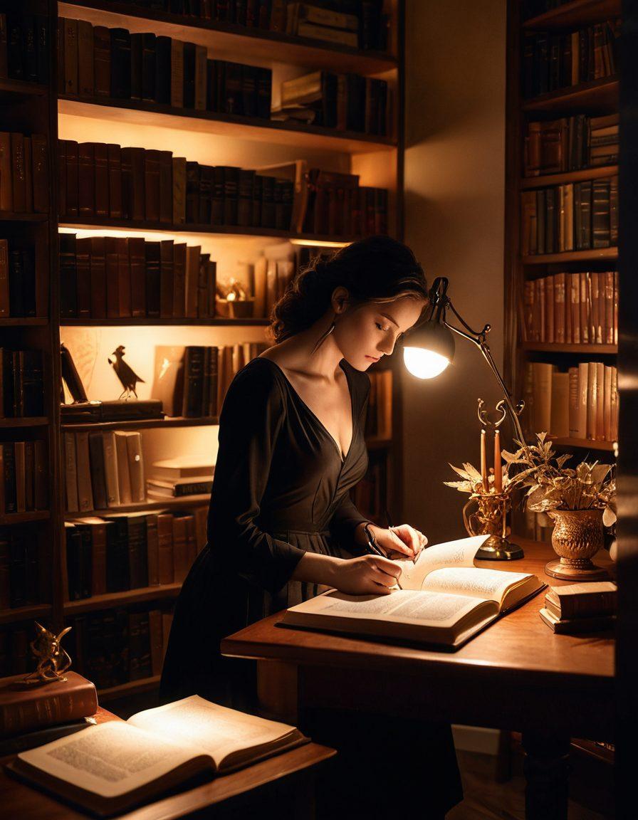 A captivating and sophisticated scene featuring a stylized bookshelf filled with various adult media guides, dimly lit by soft ambient lighting. In the foreground, a sensual silhouette of a person browsing through an open book, surrounded by symbols of empowerment and knowledge like quill pens and notepads. The atmosphere is enticing yet respectful, evoking curiosity and wisdom. super-realistic. warm colors. soft focus.